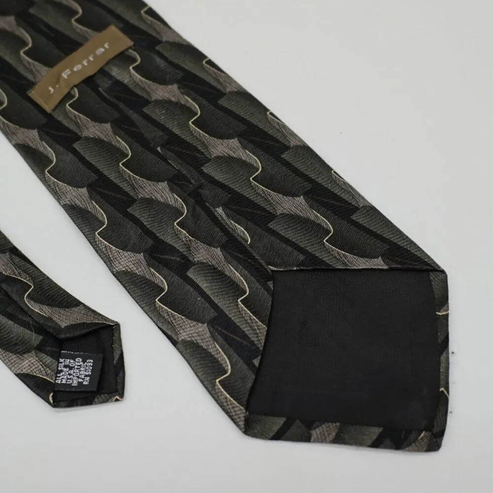 J. Ferrar Abstract Green Tan Jacquard‎ Print Short Wide Silk Tie